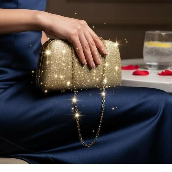 NWT Sparkly Gold Glitter Clutch Crossbody Shoulder Bag Hardshell Evening Purse - Picture 2 of 5